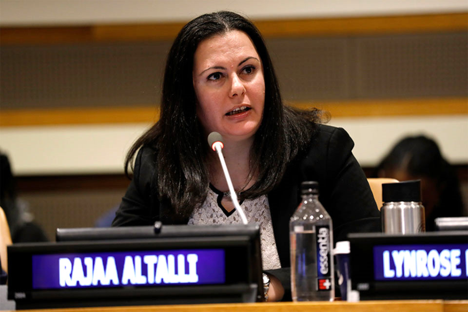 Rajaa Altalli, member of the Syrian Women’s Advisory Board, speaks at the UN on Women, Peace & Security issues.