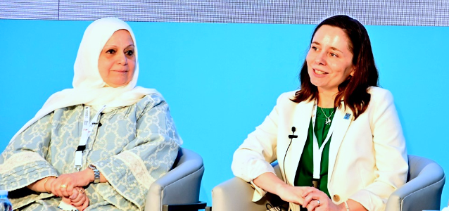 Dr. Lubna Al-Kazi, Director of the Women’s Research and Studies Centre of Kuwait University, and Josephine Moss, UN Women ROAS, speaking during the Derasat 6th Annual Forum