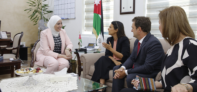 (From left) Minister of Social Development H.E. Wafa Bani Mustafa, Regional Director for UN Women in the Arab States, Susanne Mikhail, UN Women Jordan Representative, Nicolas Burniat