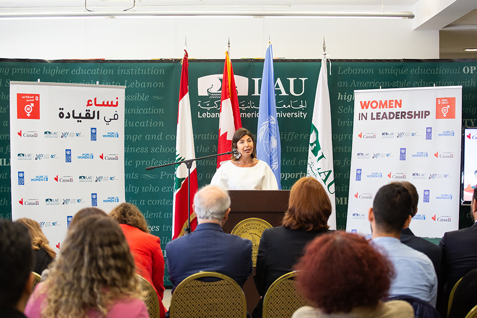 Myriam Sfeir, AiW president, presenting the welcoming remarks. Photo: UN Women/ Lauren Rooney