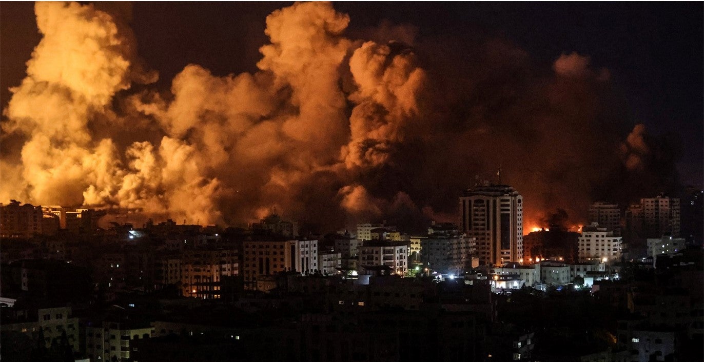 Flames and smoke billow during Israeli strikes in Gaza on 9 October 2023. Photo WHO/Ahmed Zakot