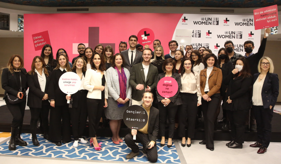 HeForShe Advocate Kerem Bürsin, UN Women team, youth and partners at the launch event  Photo: UN Women, Ender Baykuş