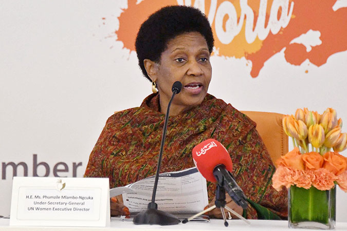 UN Women Executive Director Phumzile Mlambo-Ngcuka speaks at a 16 Days of Activism event to raise awareness about ending violence against women. At the event, the Supreme Council for Women and Ministry of Interior launched Bahrain’s new database on domestic violence. Photo: Supreme Council for Women Bahrain