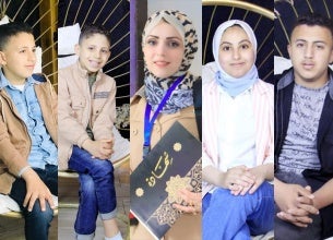 Amani Al Derbi, center, is seen alongside photos of her four children. Amani and her children were killed in an airstrike in Gaza on 7 May 2024. Photo courtesy of Amani Al Derbi.